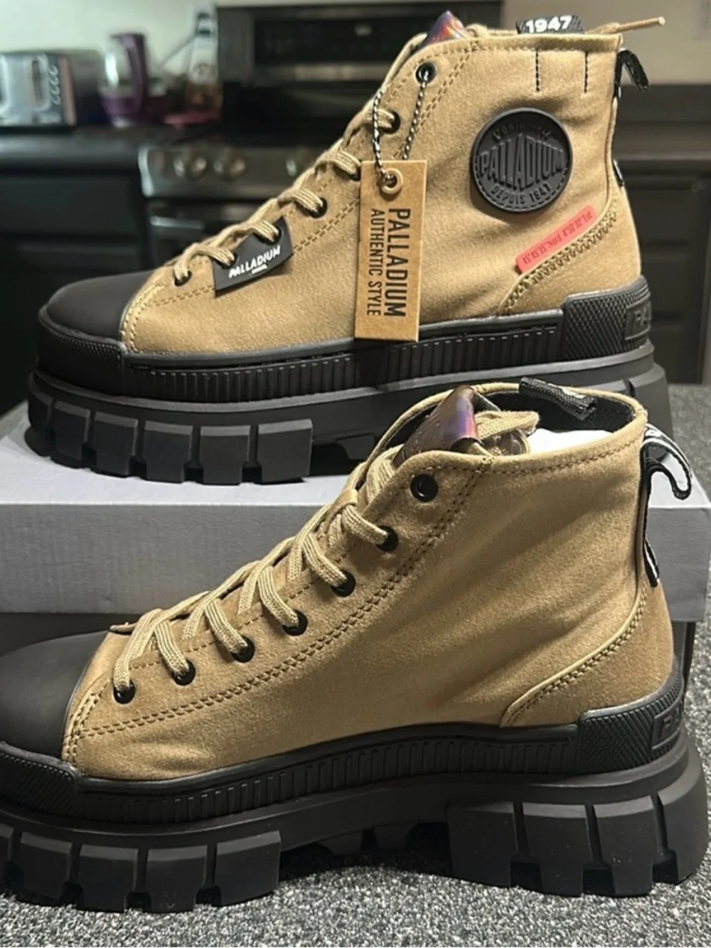Palladium Tan Canvas Lug-Sole High Top Boots with Black Accents